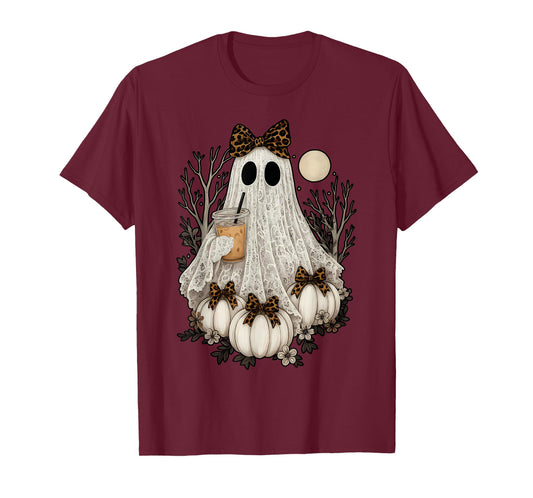 Ghost Coffee Pumpkin Coquette Bow Leopard Halloween Spooky T-Shirt