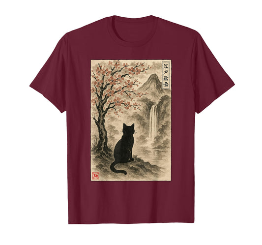 Edo Painting Sakura Japanese Landscape Cat Ukiyo-e T-Shirt