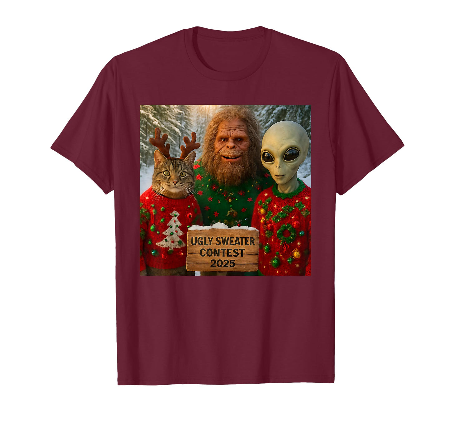 Funny Christmas Cat Selfie with Bigfoot Alien Ugly Sweater T-Shirt