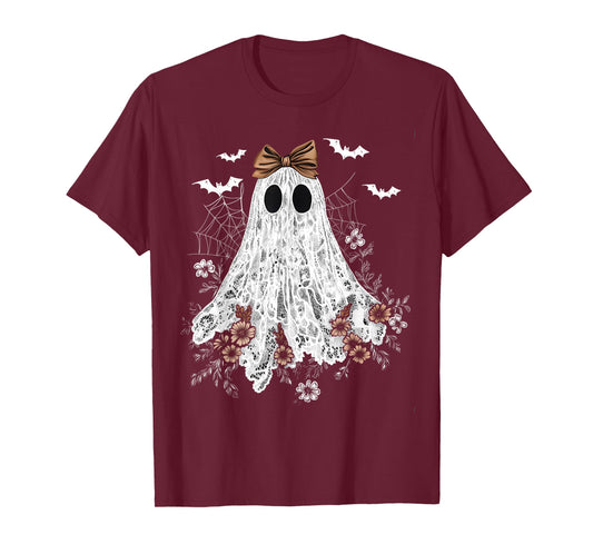 Cute Floral Lace Ghost Boujee Coquette Bow Spooky Halloween T-Shirt