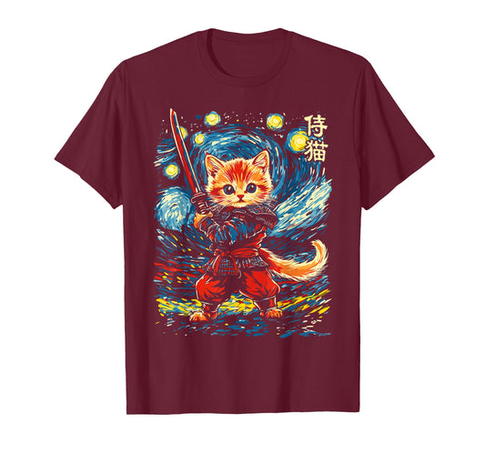 Japanese Samurai Ninja Cat in Starry Night Style T-Shirt