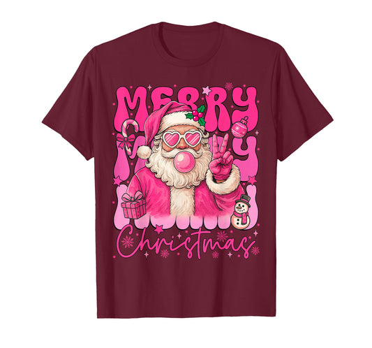 Merry Christmas Pink Santa Claus Blowing Bubble Gum Xmas T-Shirt