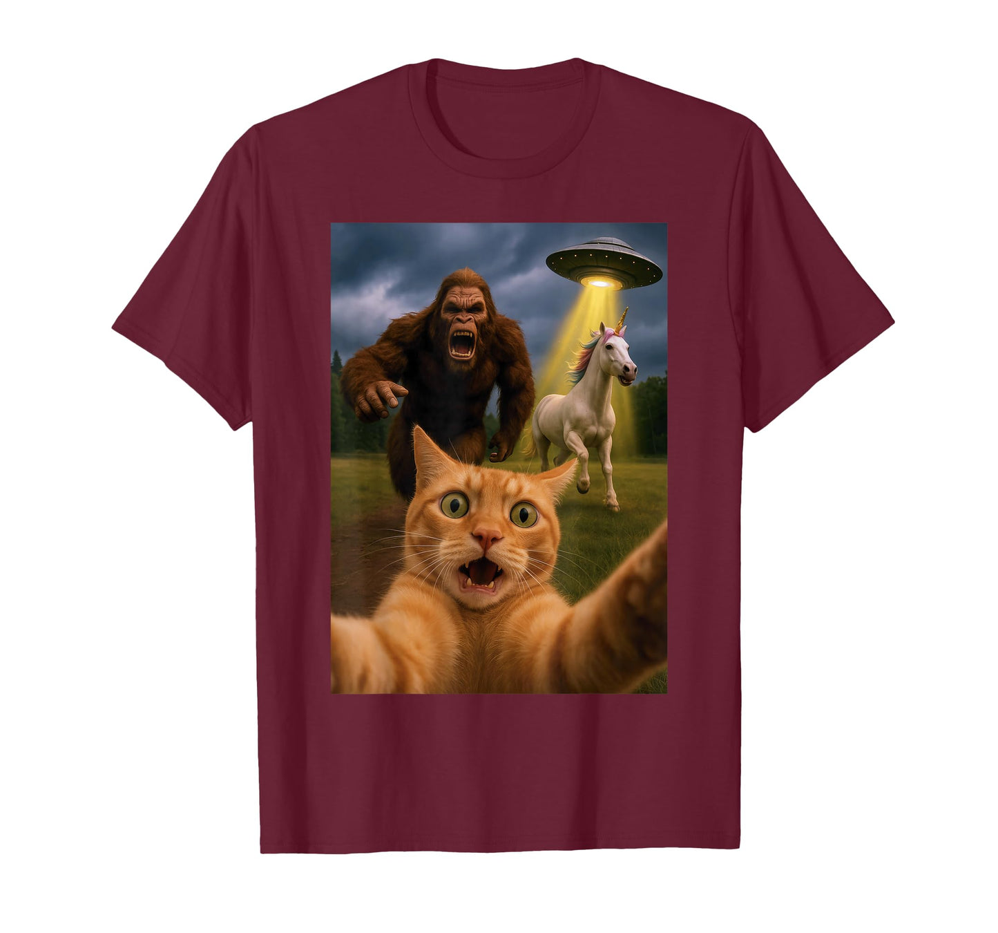 Funny Graphic Tee Cat Selfie with Bigfoot Unicorn Alien UFO T-Shirt