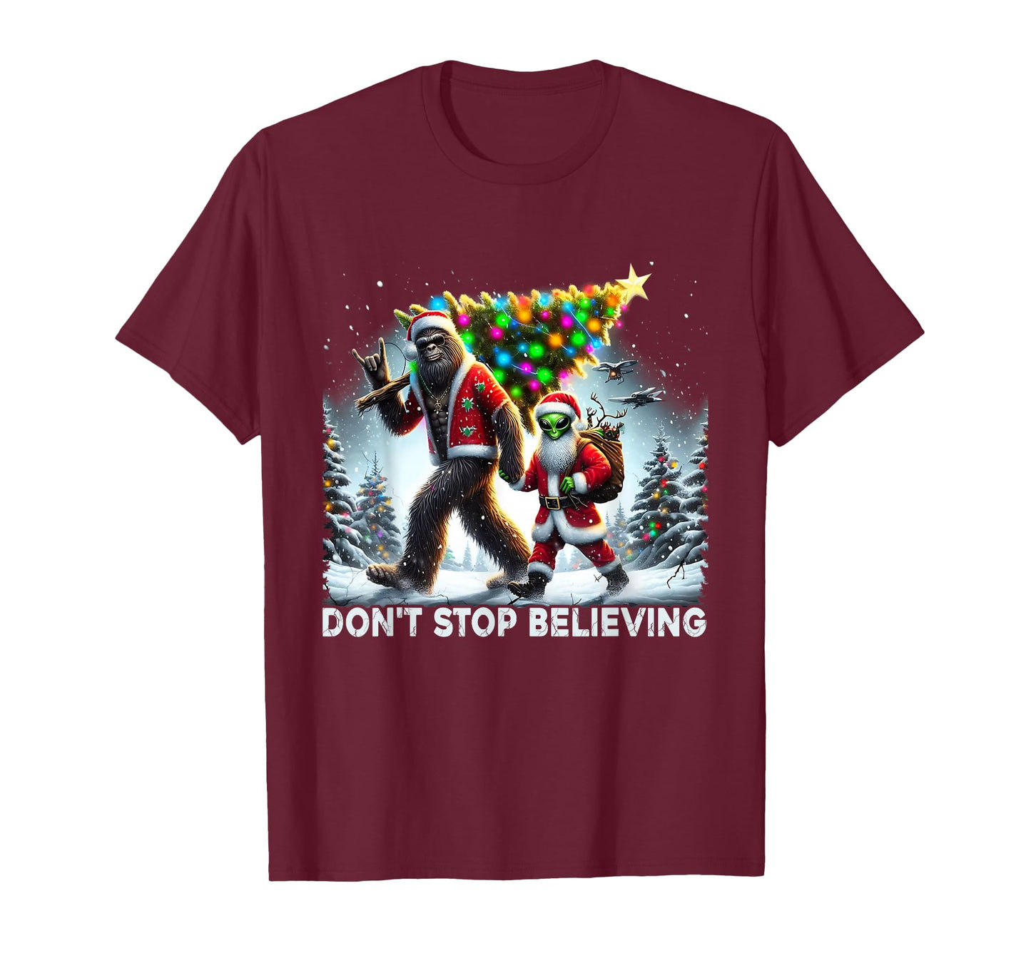 Believe Funny Alien and Santa Christmas Design T-Shirt