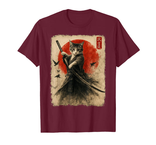 Samurai Cat Warrior Sumi-e Japanese Art Vintage Cat Samurai T-Shirt