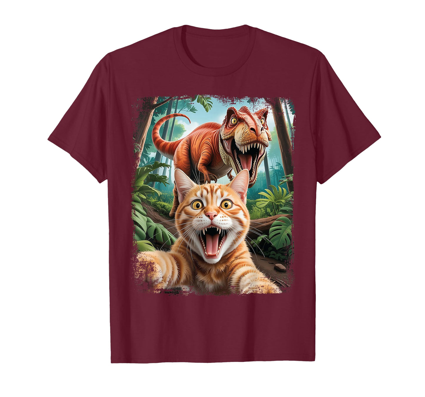 Funny Cat Selfie with Trex Dinosaur Scared T-Shirt