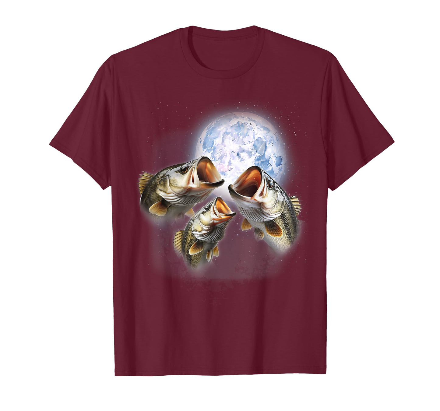 3 Bass Fish At The Moon Funny Bass Fishing Lover Fisherman T-Shirt