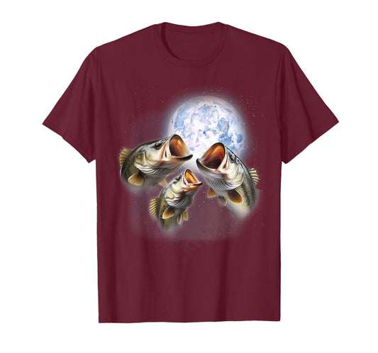 3 Bass Fish At The Moon Funny Bass Fishing Lover Fisherman T-Shirt