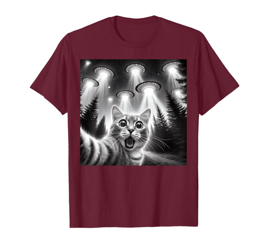 Funny Cat Alien UFO Encounter Sci-Fi Selfie T-Shirt