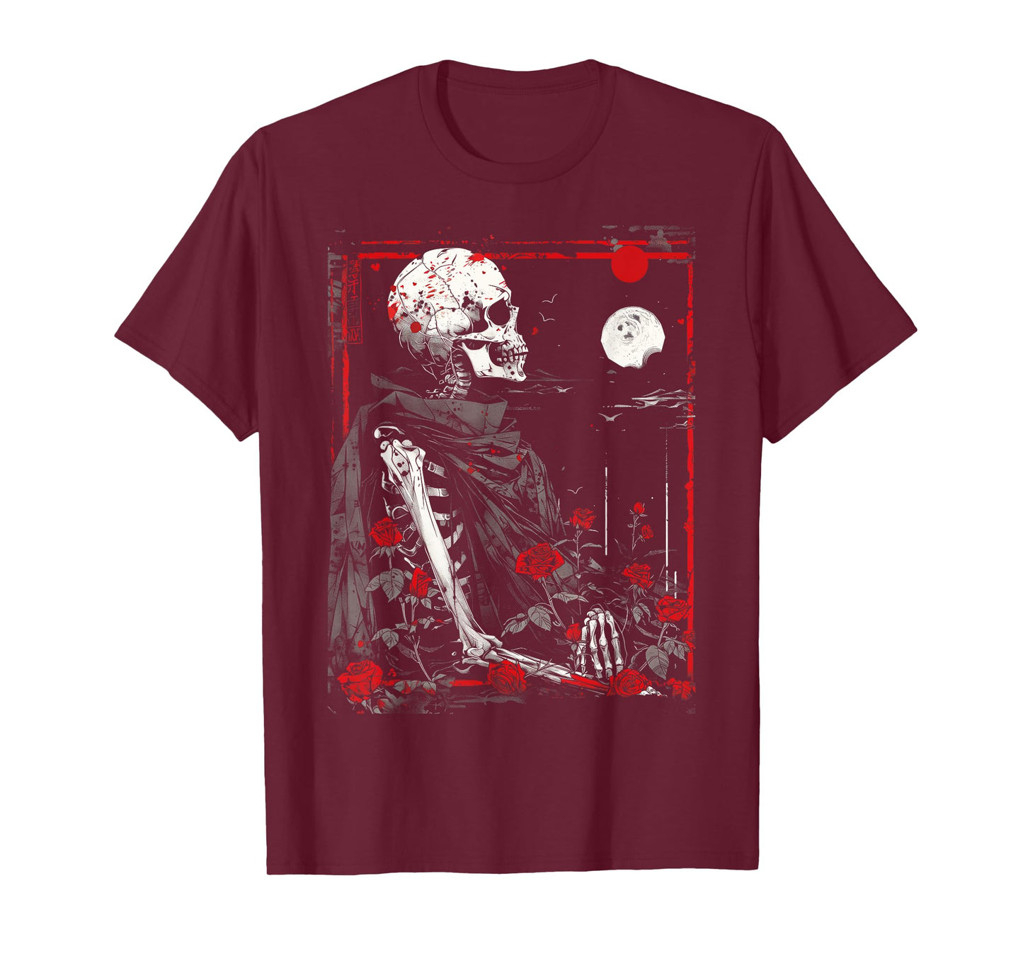 Anime Japanese Goth Cyberpunk City Skeleton Roses Moon T-Shirt