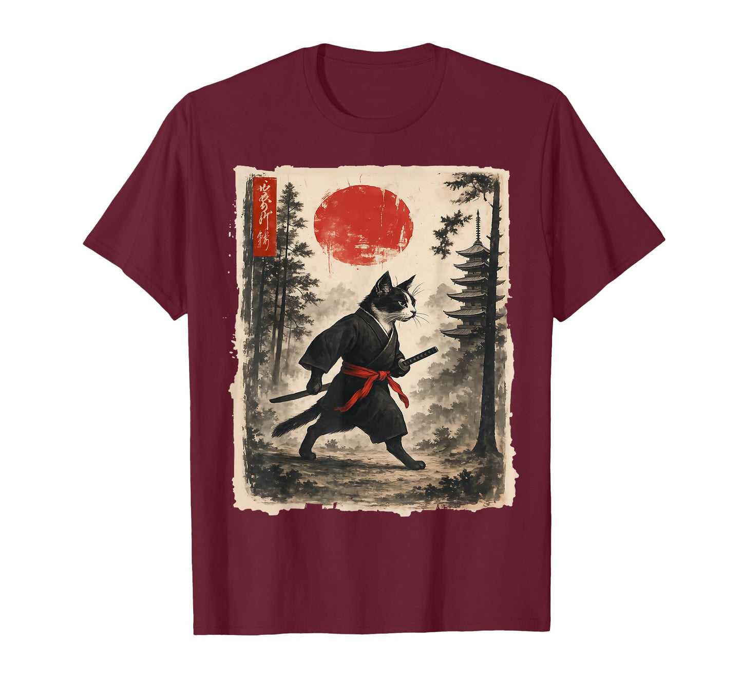 Samurai Cat Graphic Tee Warrior Vintage Japanese Art T-Shirt