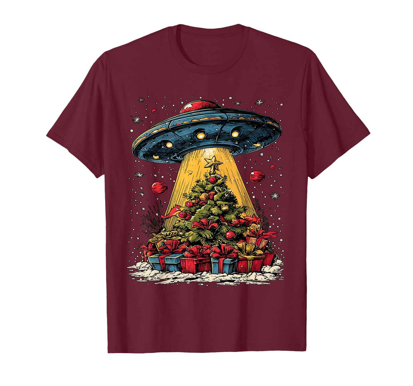 Funny Christmas Tree and UFO Snowflakes Alien Lovers Snowy T-Shirt