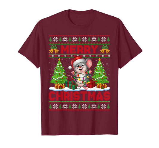 Rat Mouse Ugly Christmas Sweaters Funny Santa Lights Xmas T-Shirt