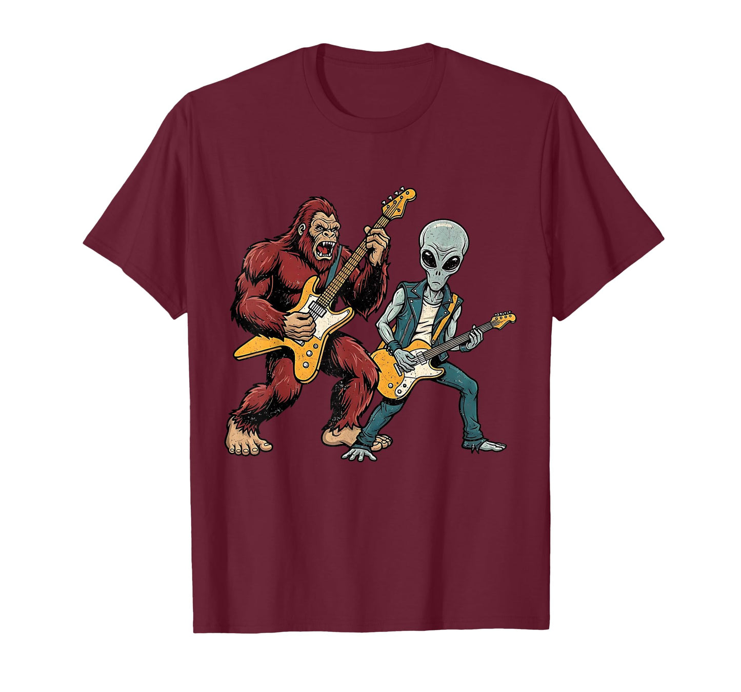 Funny Bigfoot and Alien Playing Guitar Rock Music Musicians T-Shirt