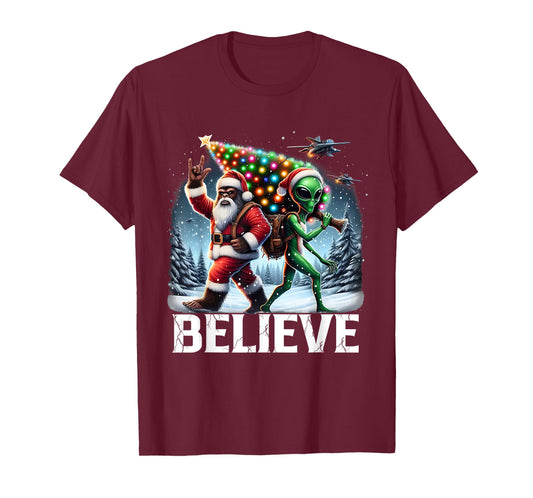 Believe Funny Alien and Bigfoot Christmas Design T-Shirt