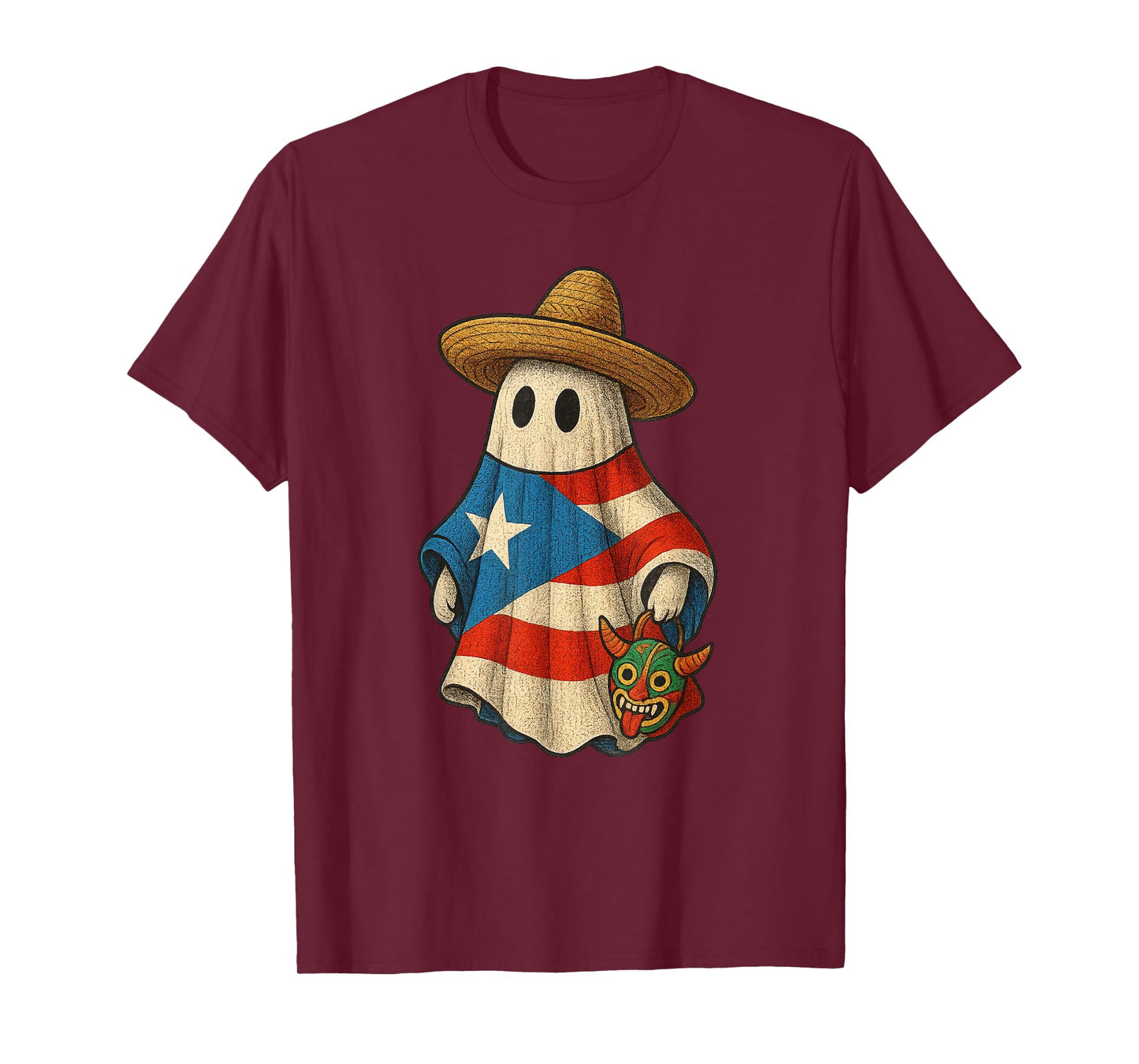 Halloween Puerto Rican Ghost with Pava Hat & Vejigante Mask T-Shirt