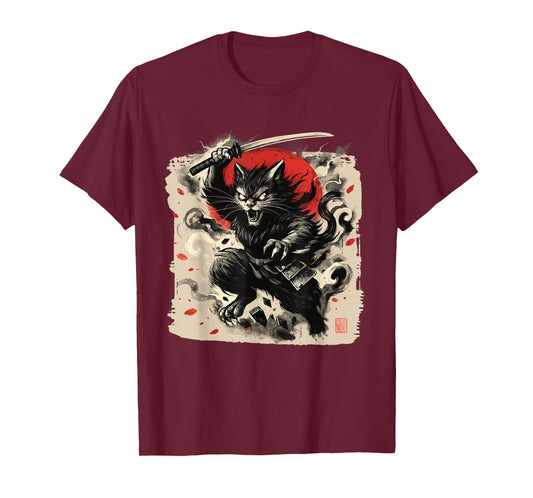 Samurai Cat Japanese Vintage Ukiyo-e Warrior Art Graphic T-Shirt