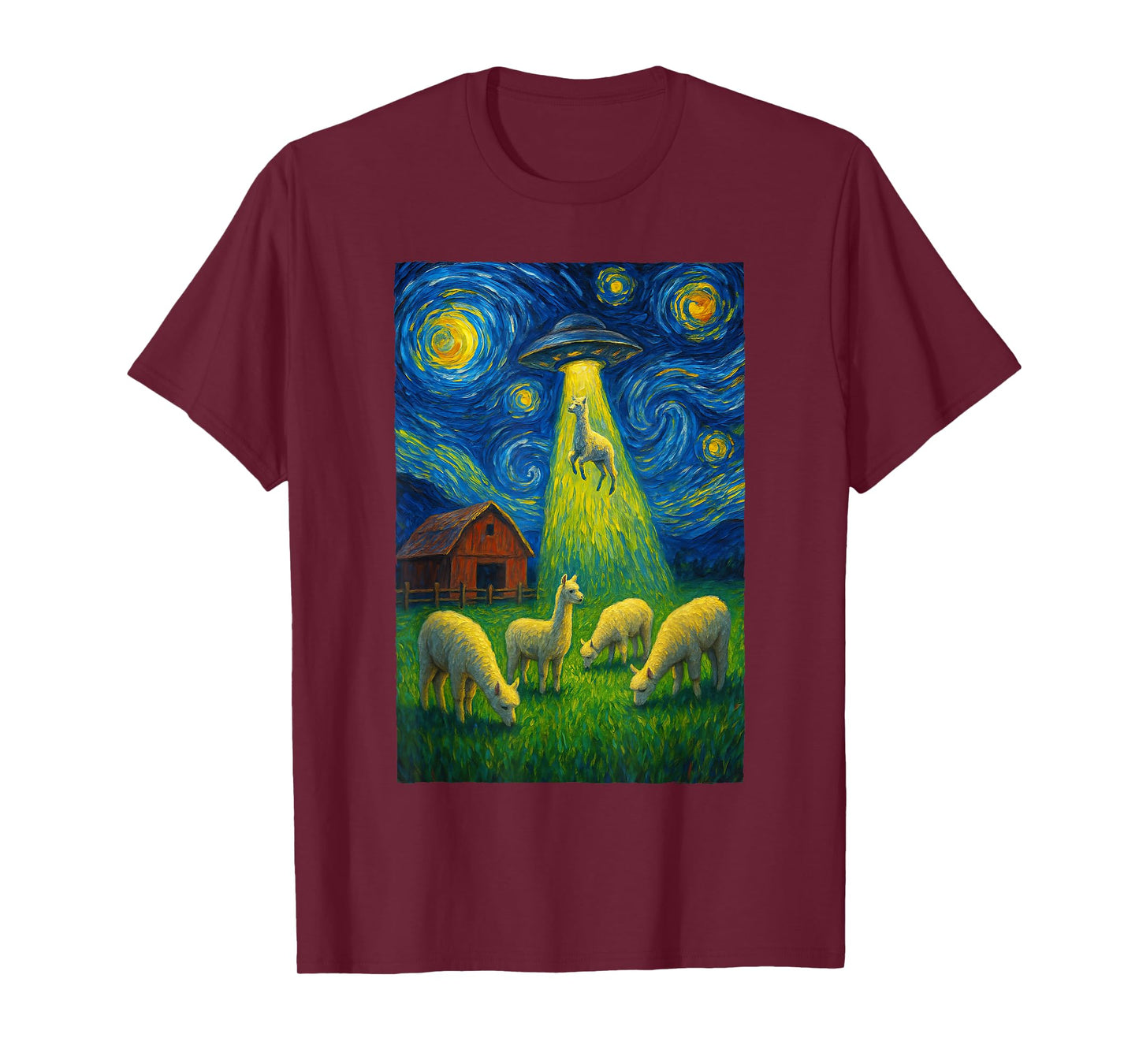 Llama Alien UFO Abduction Starry Night Farmers T-Shirt