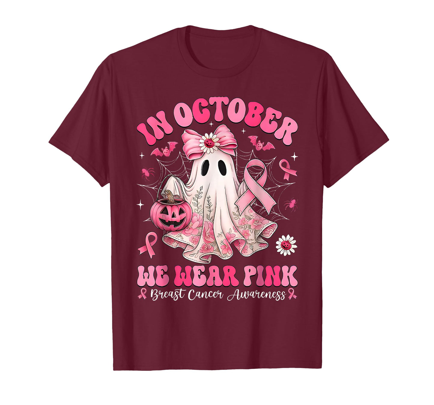 in October We Wear Pink Ghost Bow Breast Cancer Awareness T-Shirt