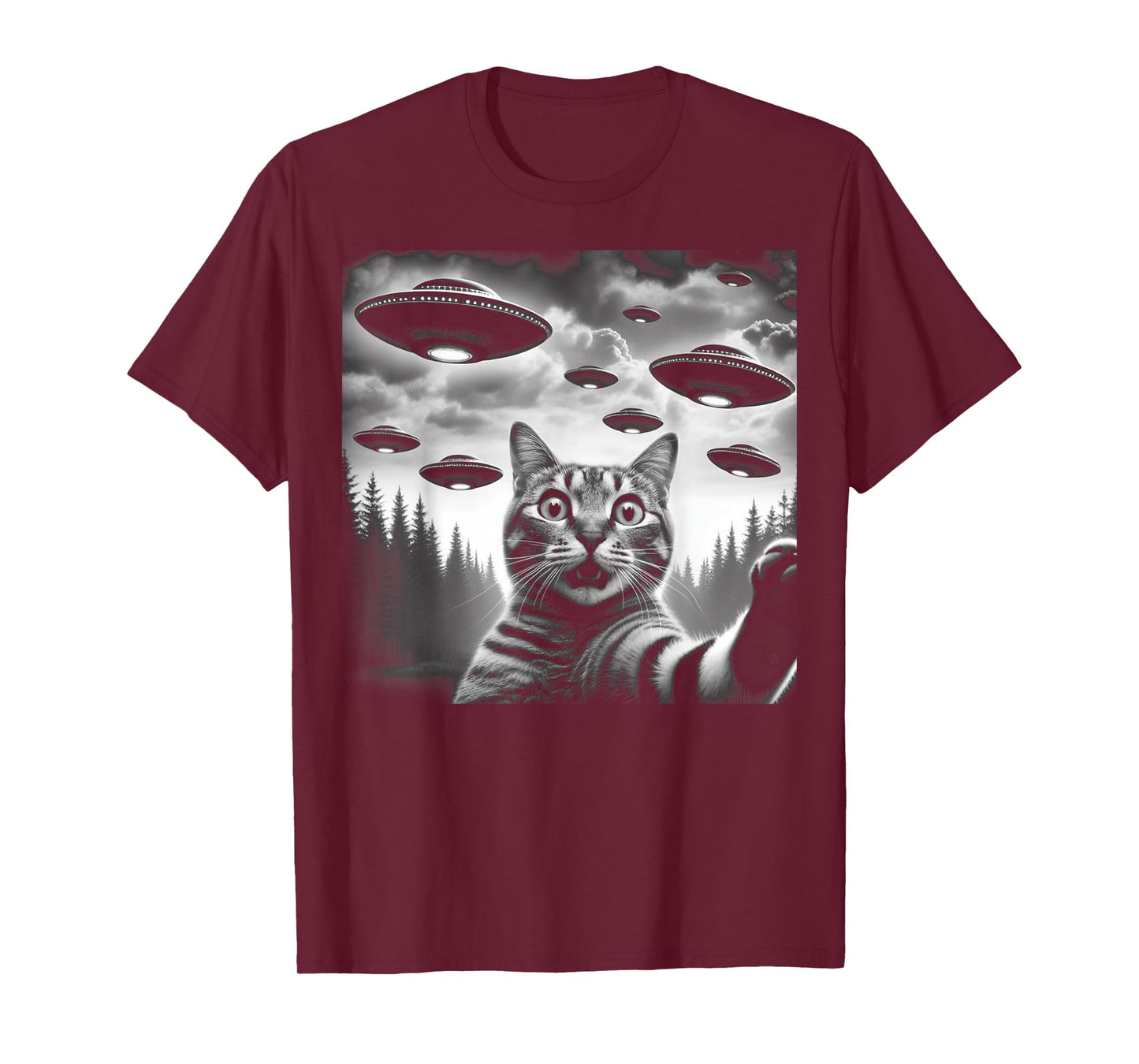 Funny Cat Selfie with UFOs T-Shirt for Men Women Kids