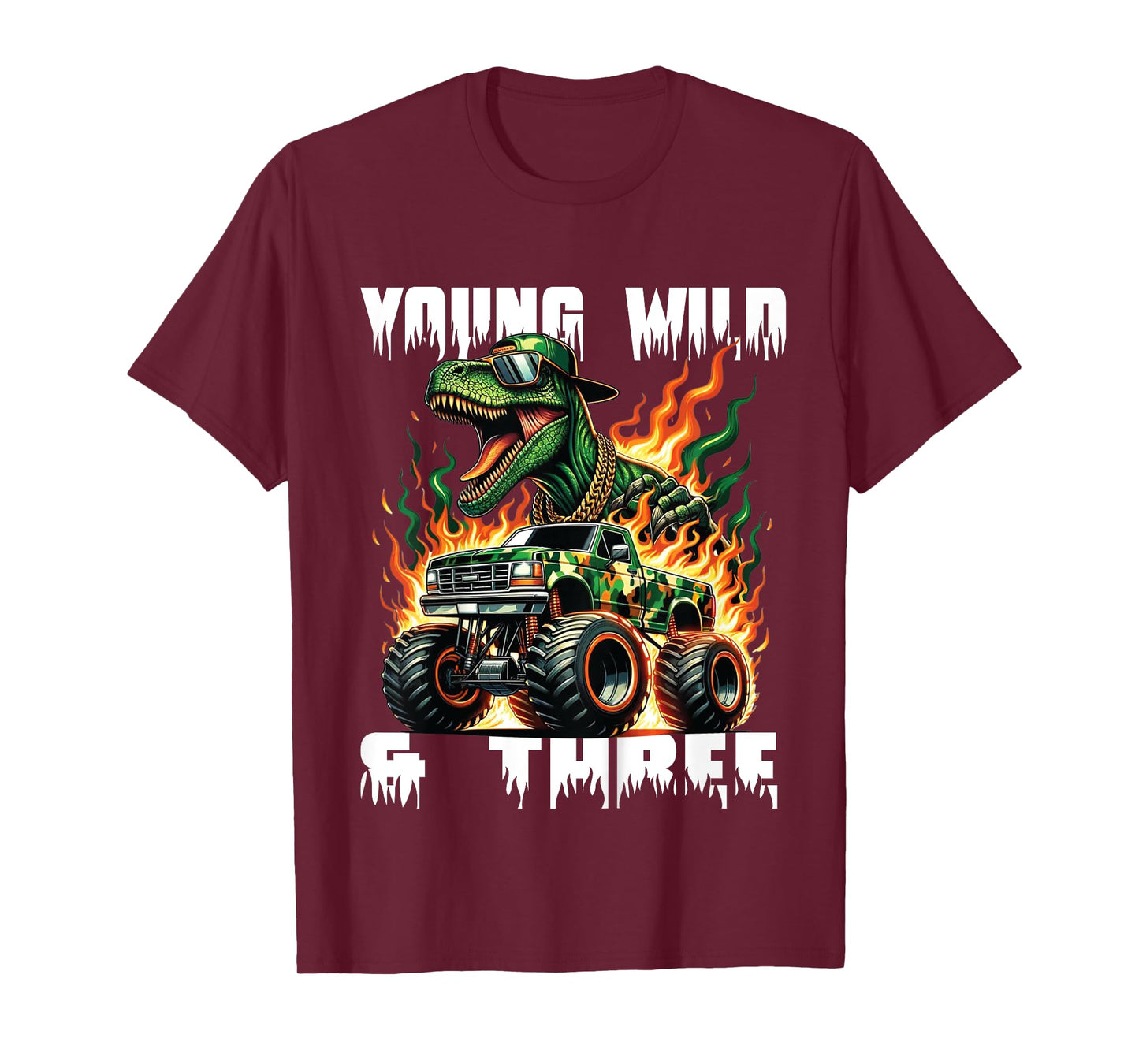 Kids Kids 3rd Birthday Monster Truck Young Wild and Three 3 Year T-Shirt