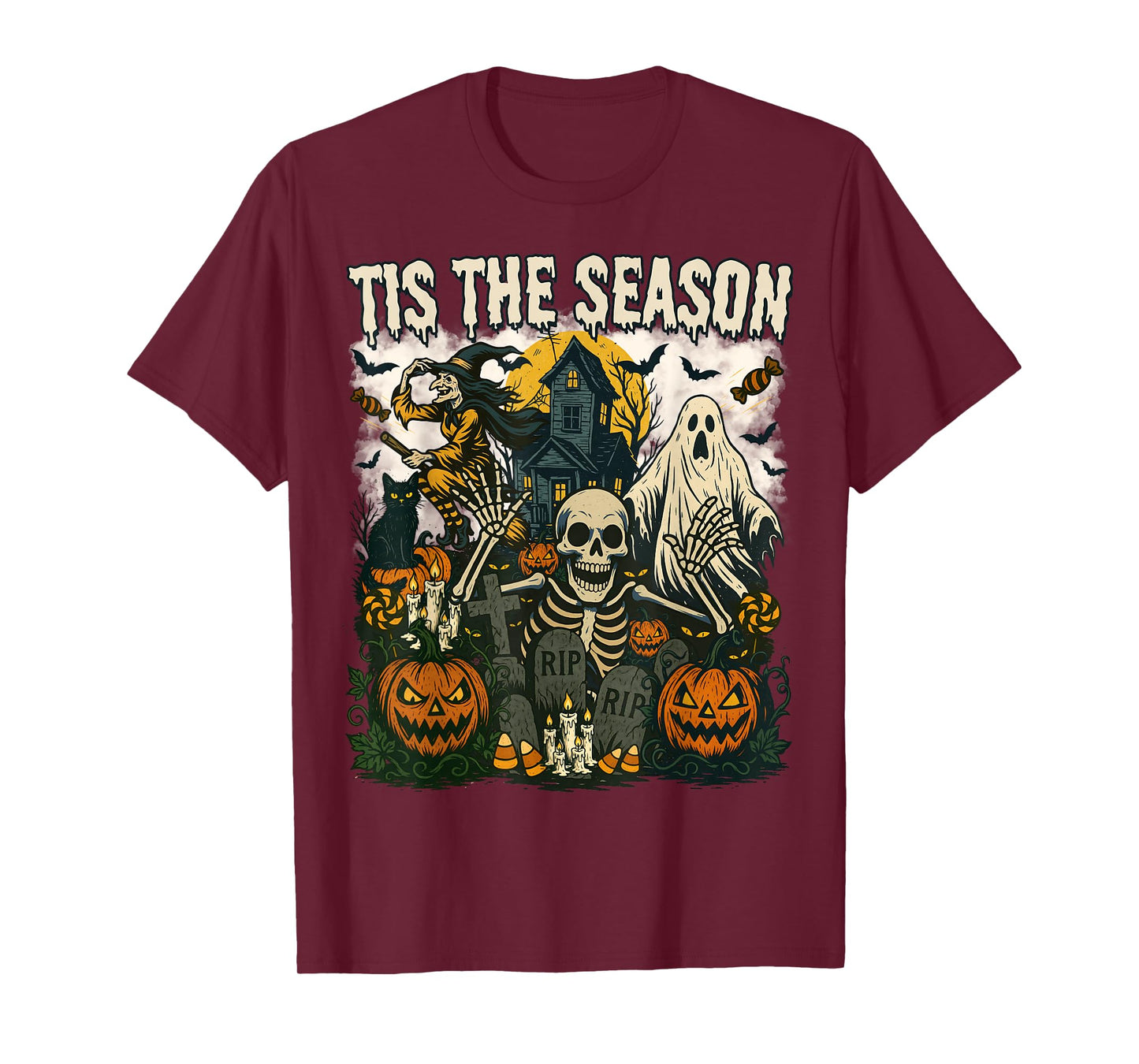 Vintage Tis The Season Halloween Skeleton Ghost Vibes Retro T-Shirt