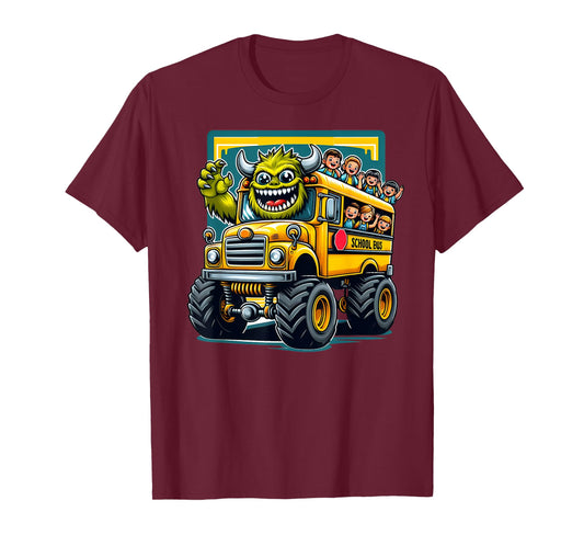 Monster Truck School Bus Illustration Funny Back To School T-Shirt