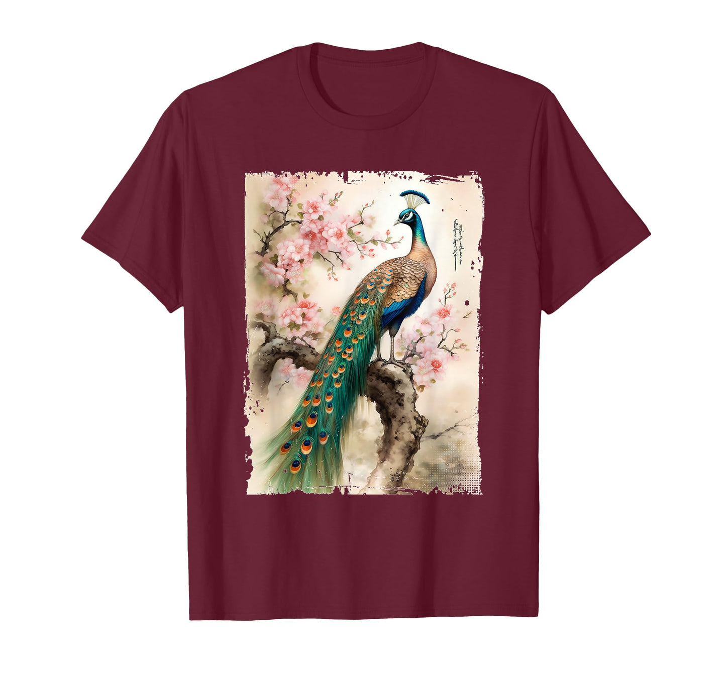Beautiful Peacock Japanese Cherry Blossom Art T-Shirt