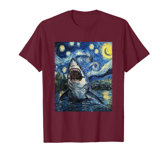 Funny Shark - Van Gogh Style - Starry Night T-Shirt