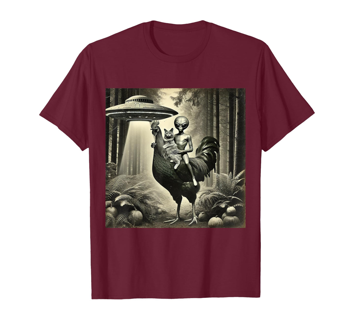 Funny UFO Alien and Cat Lovers Cat With Alien Riding Chicken Unisex-Adults, Unisex-Kids Black Short Sleeve T-Shirt