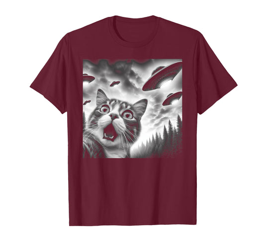 Funny Cat Selfie with UFOs Men Women Kids T-Shirt