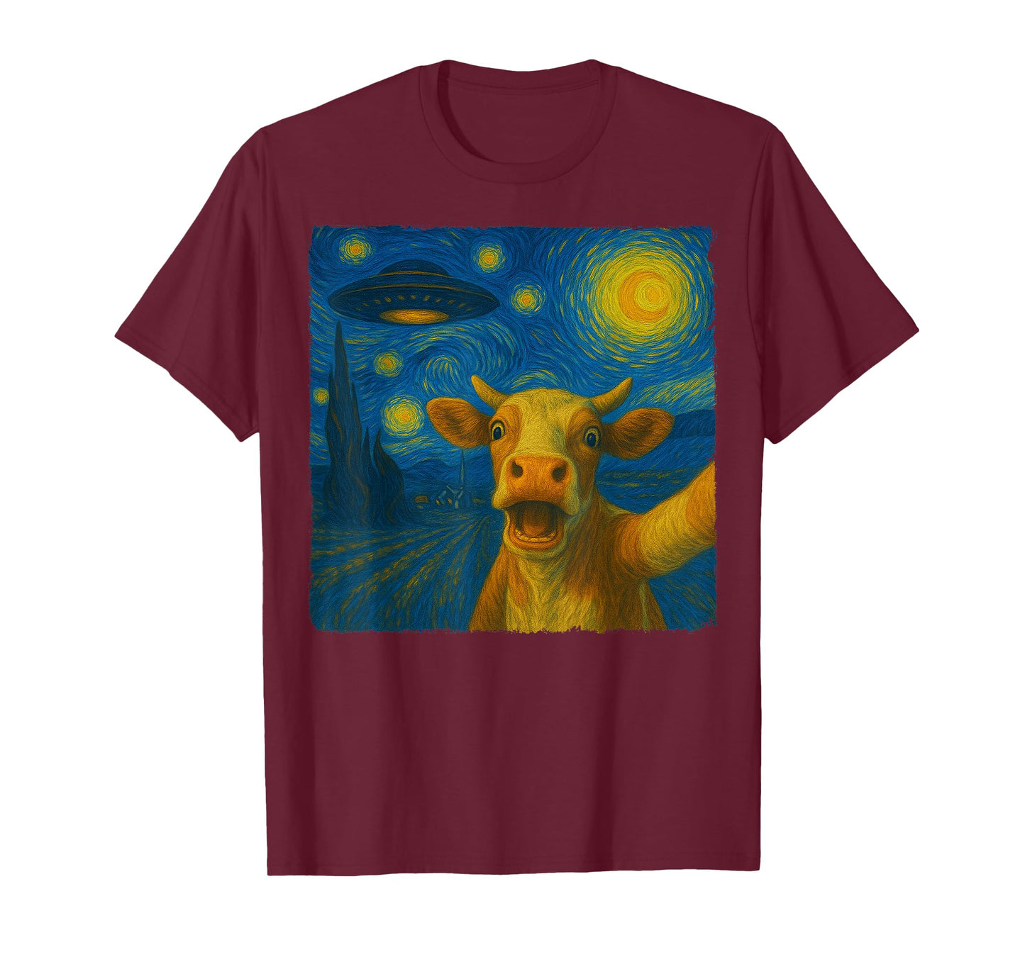 Cow Selfie with UFO Starry Night Van Gogh Gift Men Women Kid T-Shirt