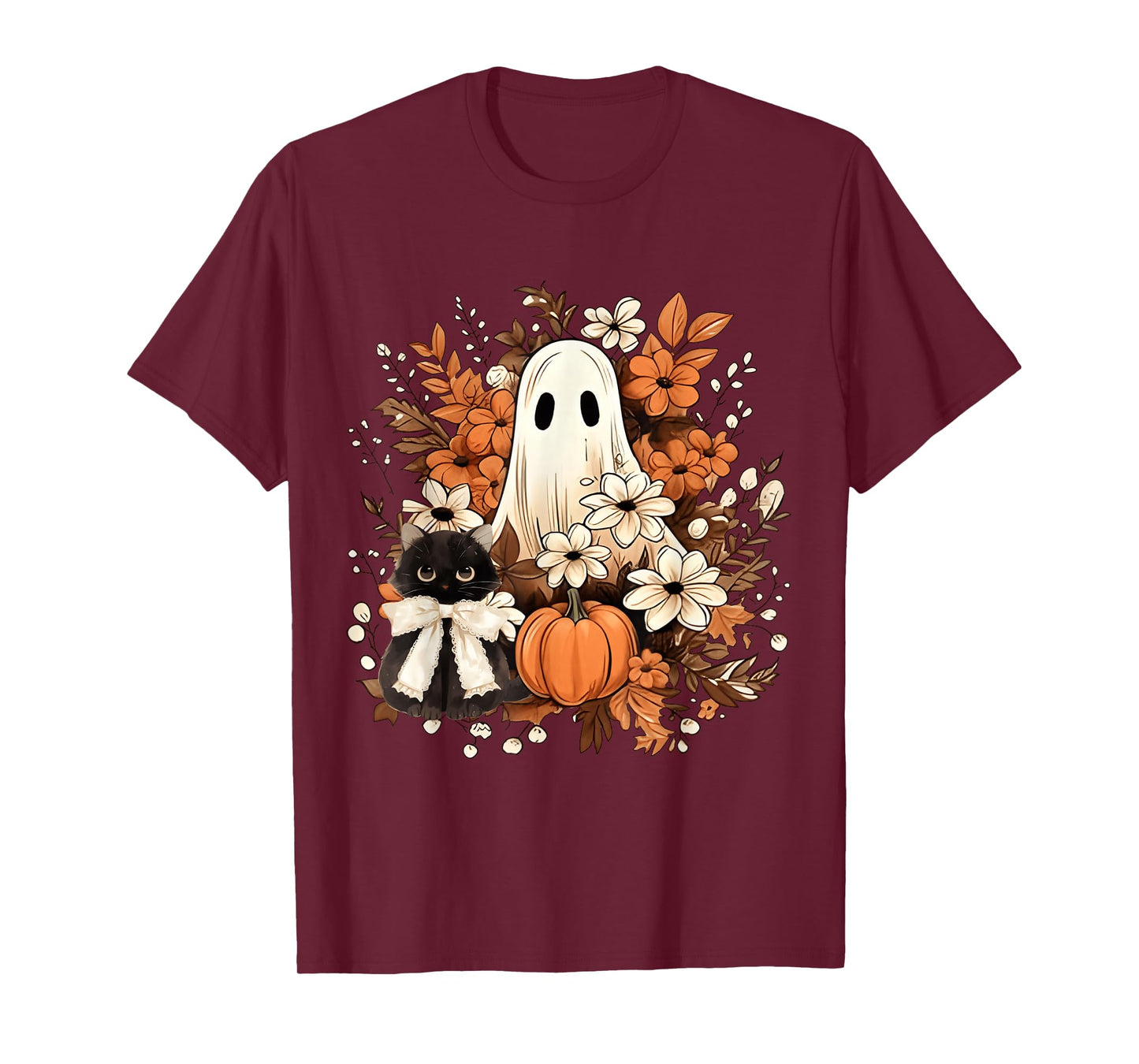 Vintage Halloween Ghost Holding Black Cat Groovy Floral Fall T-Shirt
