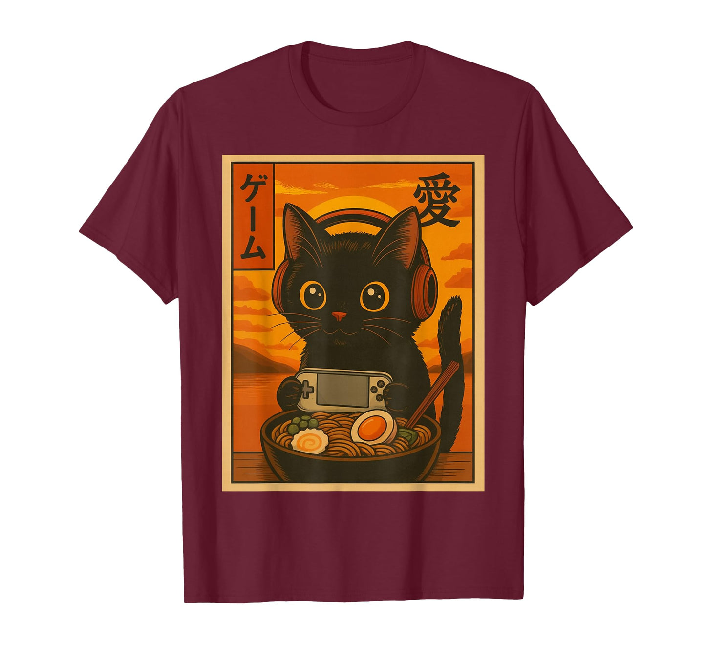 Cute Kawaii Gamer Cat Ramen Retro Japanese Art T-Shirt