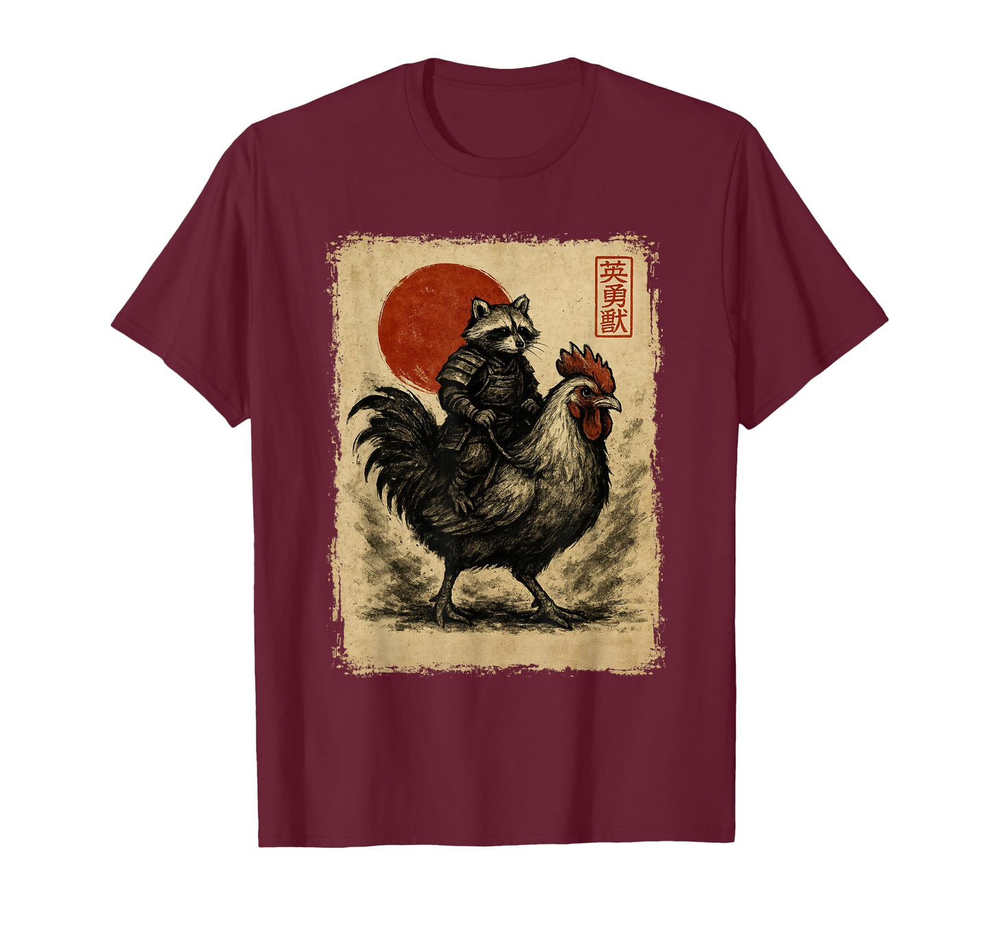 Funny Vintage Raccoon Rooster Chicken Japanese Ukiyo-e Art T-Shirt