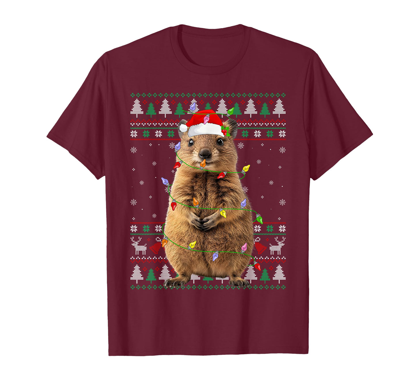 Quokka Christmas Lights Ugly Sweater Santa Hat Quokka Xmas T-Shirt