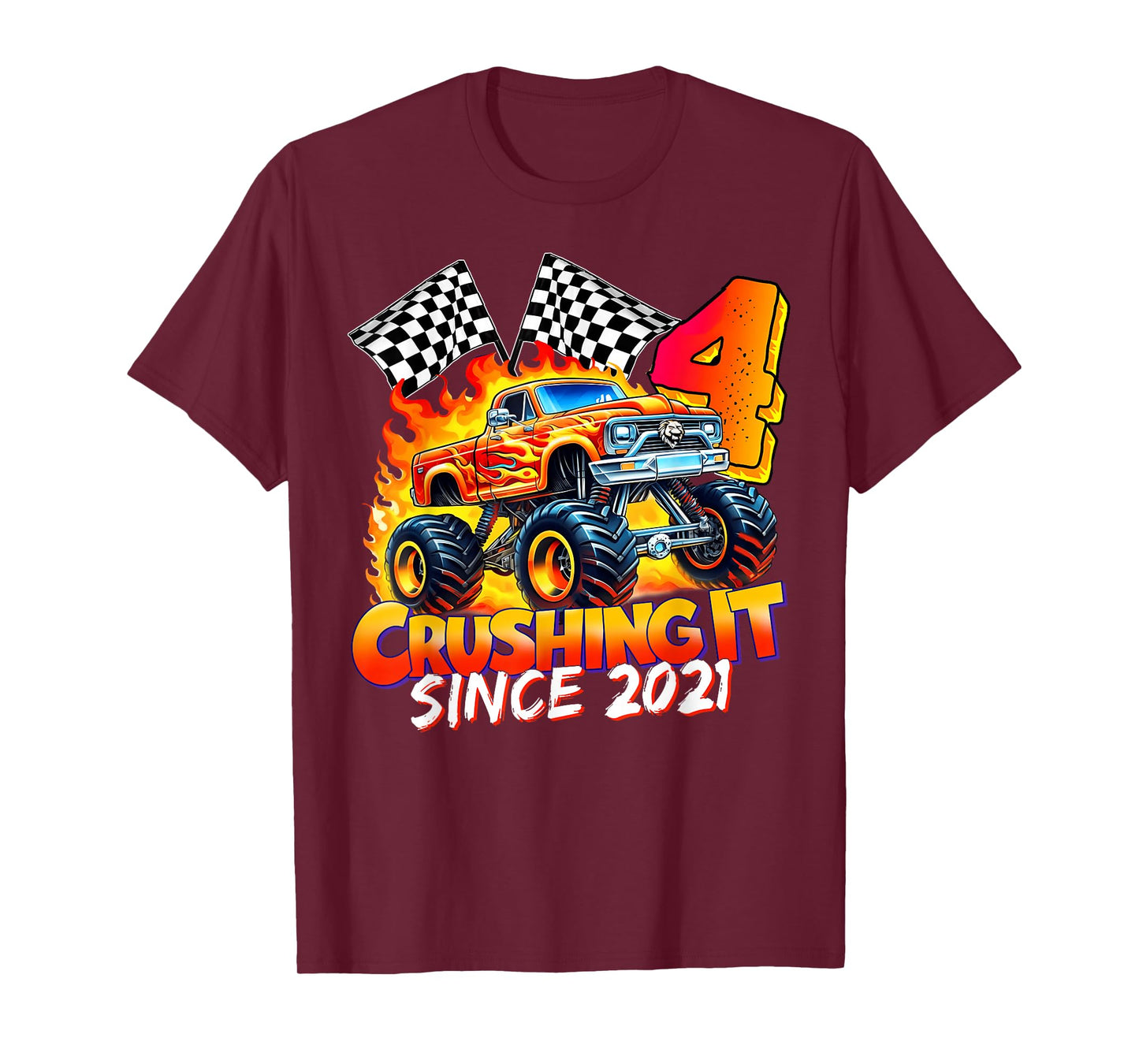 Monster Truck Birthday 4 Year Old Born 2021 4th Party Boys T-Shirt
