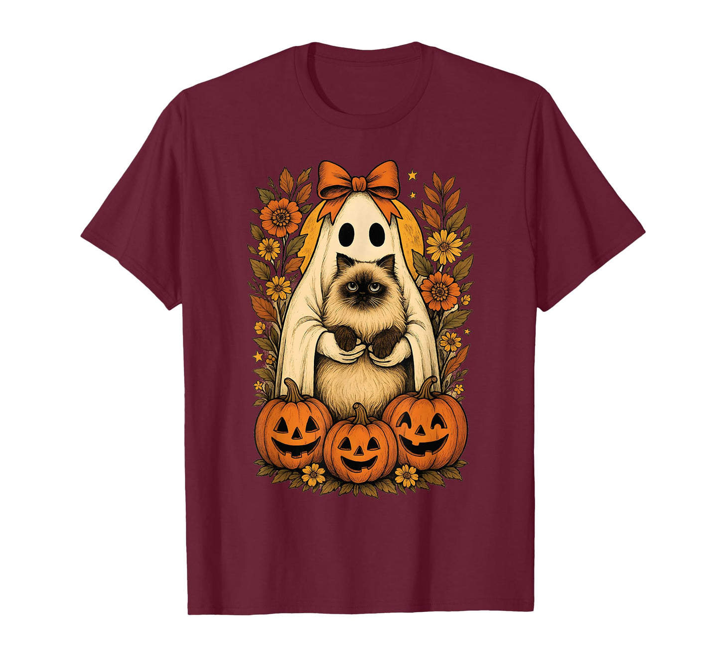 Vintage Ghost Holding Himalayan Cat with Pumpkins Halloween T-Shirt
