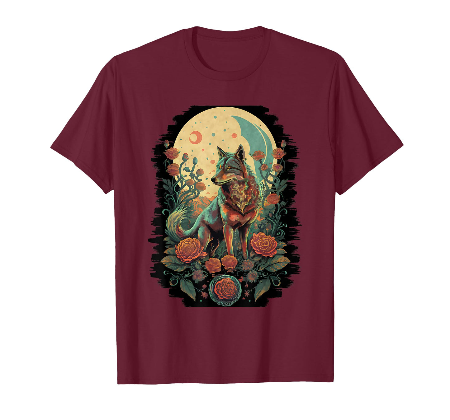 Botanical Wolf Women Roses Full Moon Children Floral Wolf T-Shirt