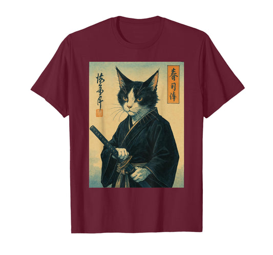 Samurai Cat Ukiyo-e Anime Japanese Graphic Woodblock Art T-Shirt