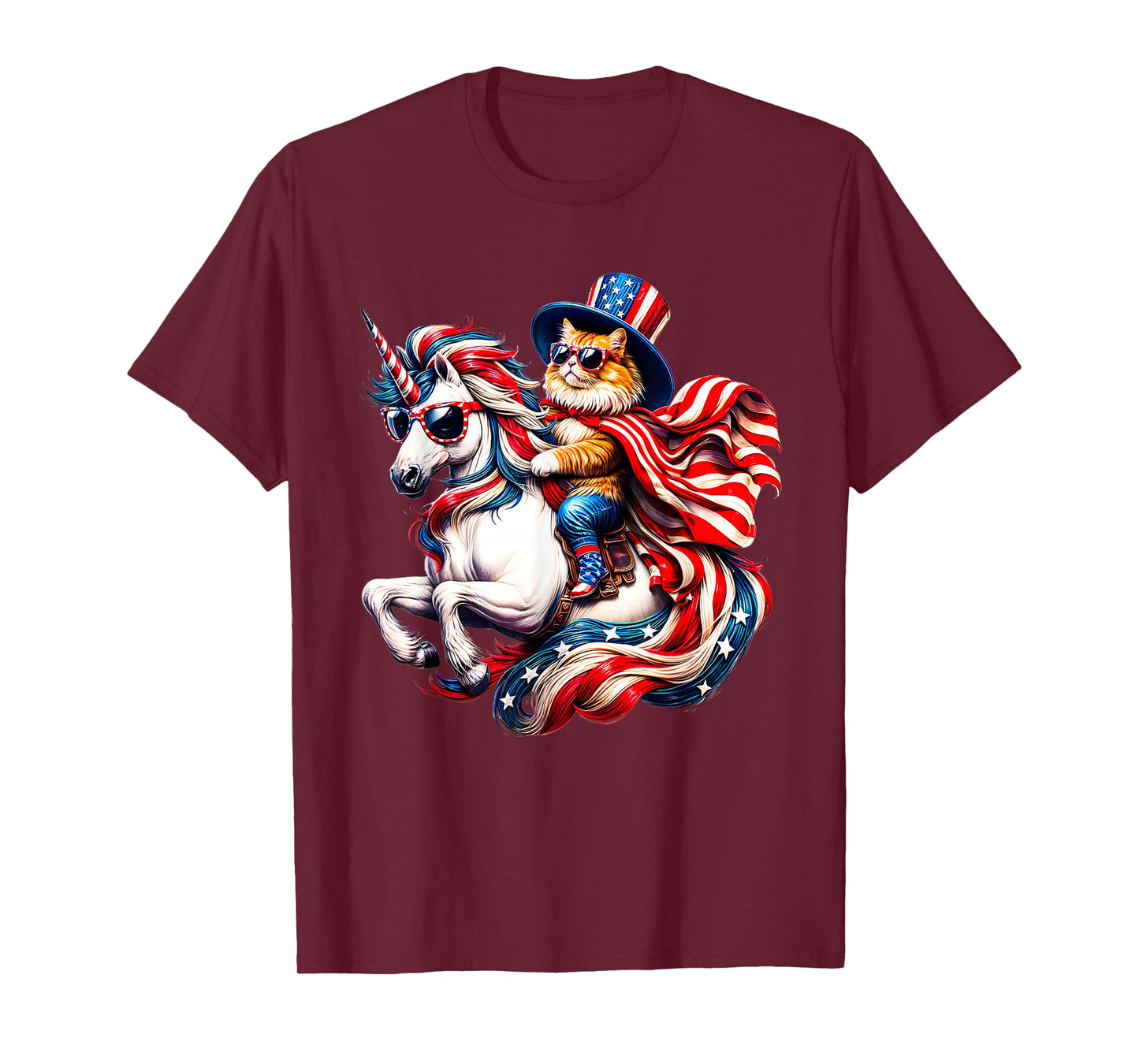 Cat Riding Unicorn USA Flag Patriotic 4th of July T-Shirt