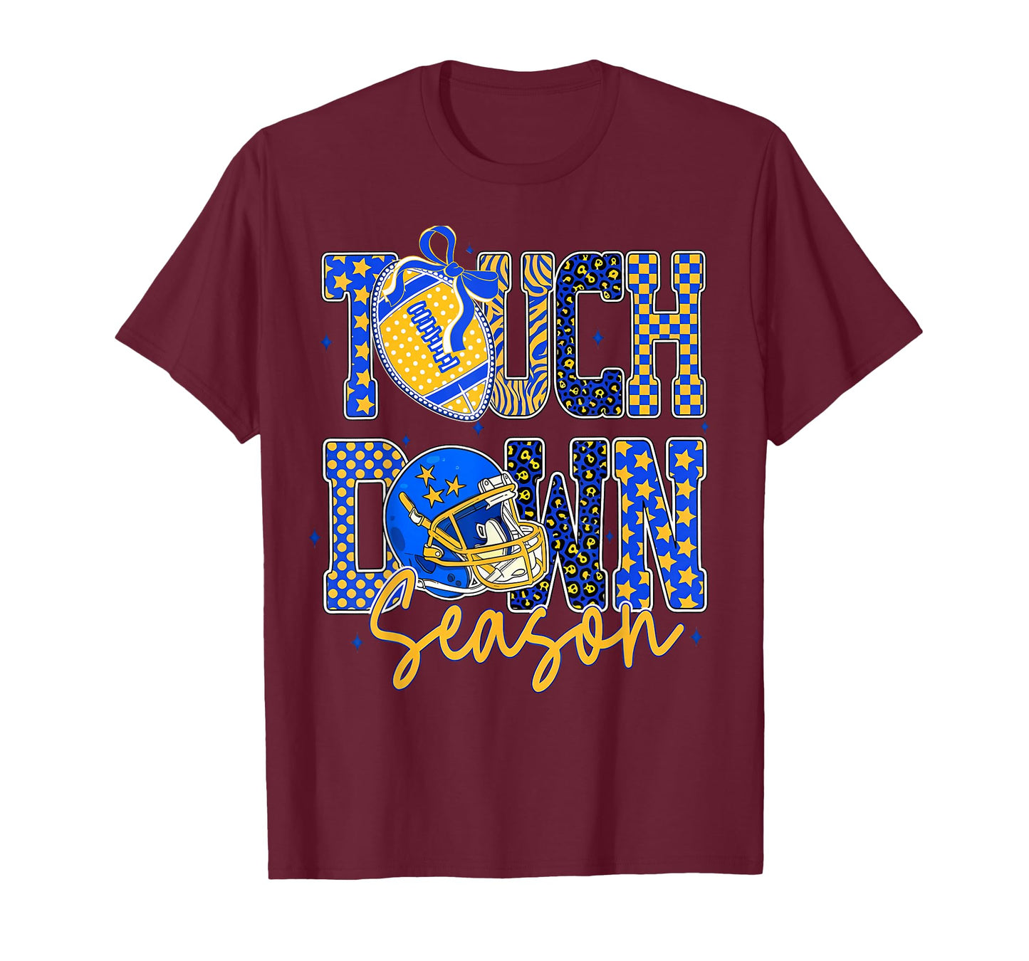 Leopard Blue Gold Checkered Football Touchdown Season T-Shirt