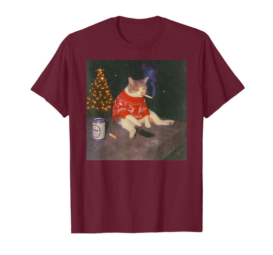 Funny Christmas Smoking Cat Meme Merry Christamas T-Shirt