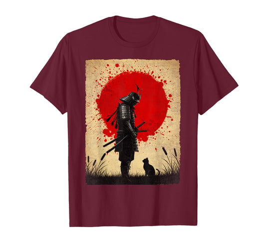 Japanese Warrior Art Samurai Black Cat Vintage Fighter Retro T-Shirt