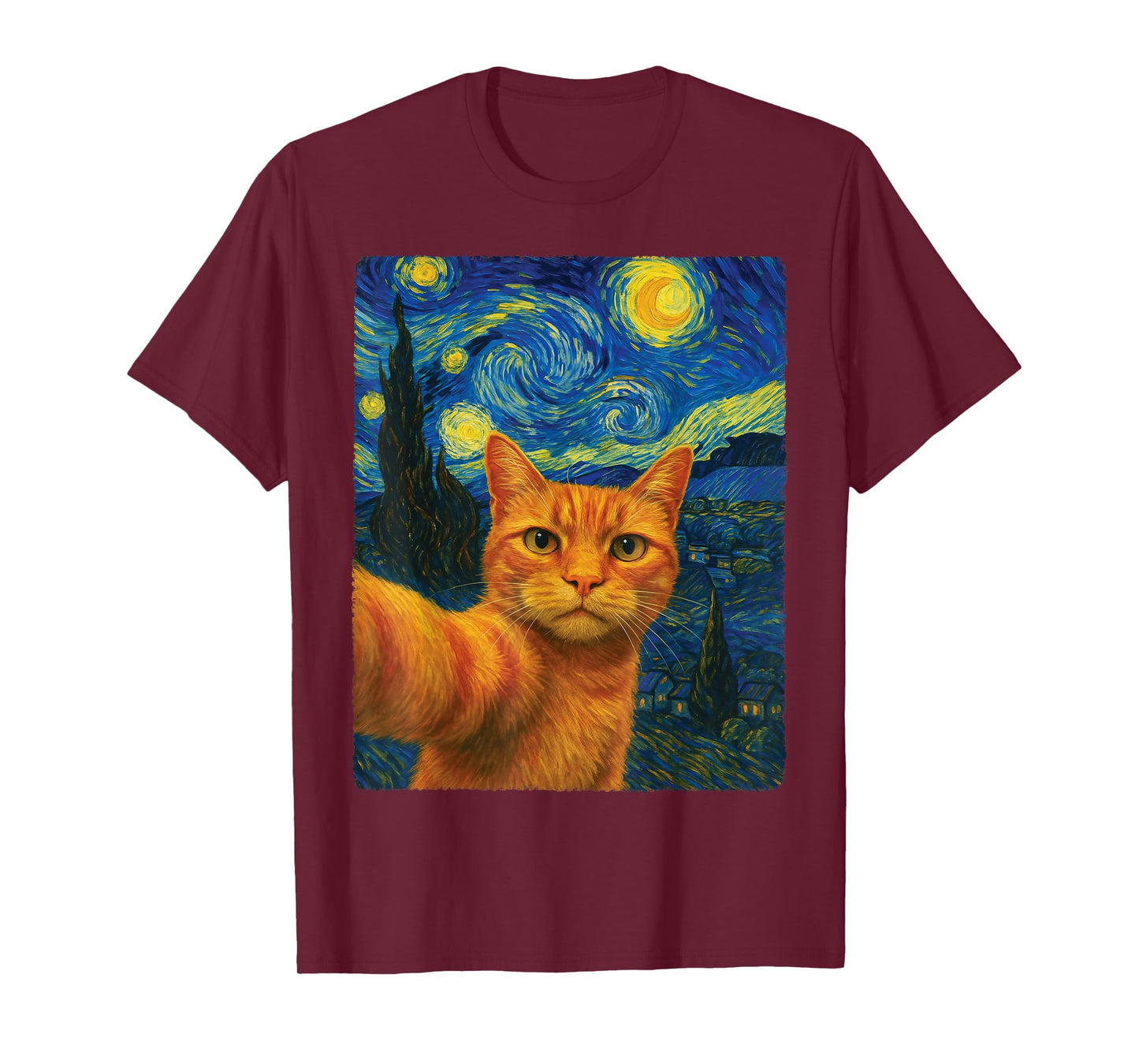 Orange Cat Selfie Van Gogh's Starry Night Cat Mom Cat Lovers T-Shirt