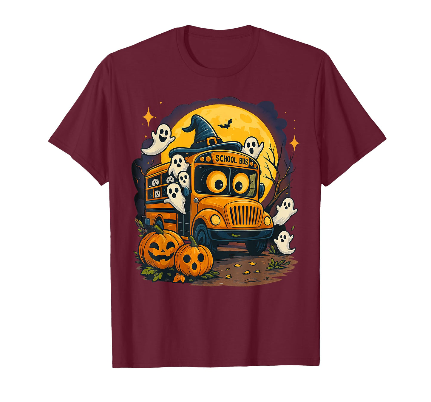 Halloween School Bus with Witch Hat and Pumpkins Spooky T-Shirt