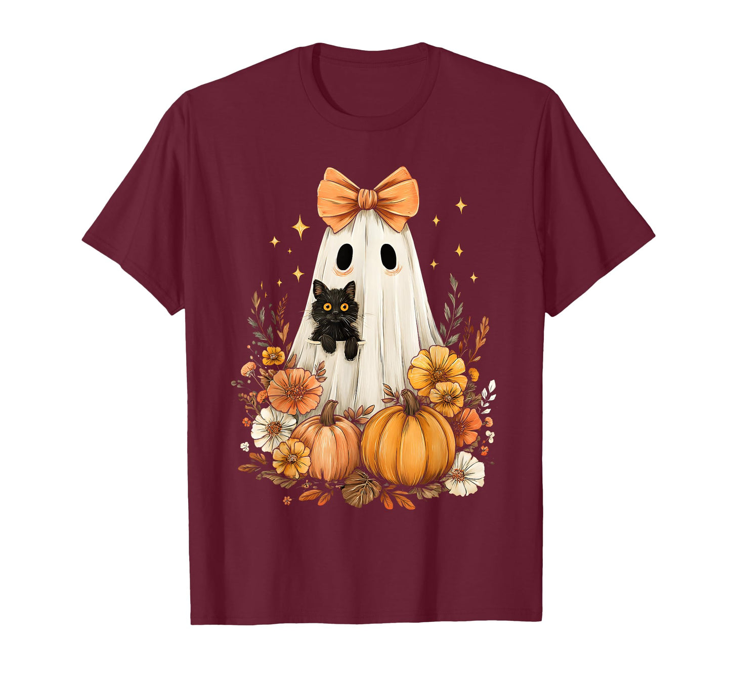 Halloween Vintage Cute Ghost Black Cat Pumpkins Floral T-Shirt