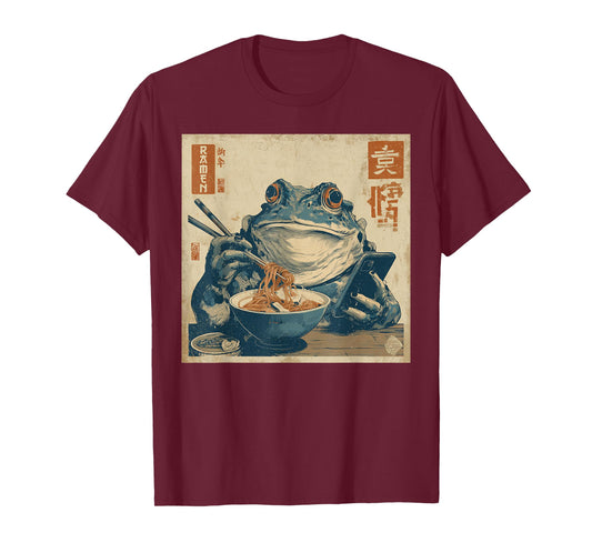Funny Grumpy Frog Eat Ramen and Scroll Phone Japanese Art T-Shirt
