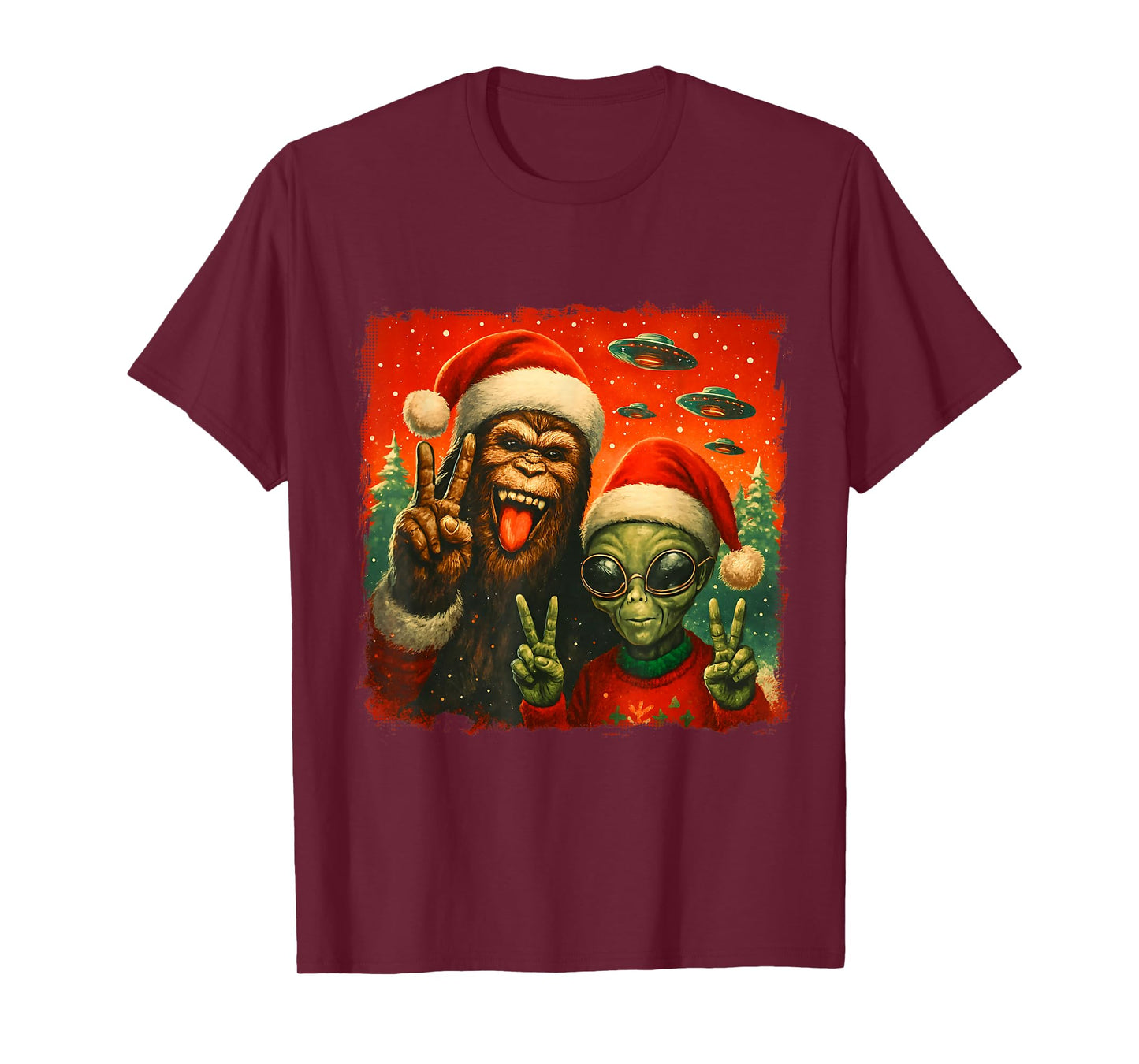 Funny Christmas Bigfoot & Alien Sasquatch Rock On Hand Sign T-Shirt