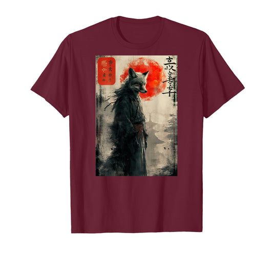 Japanese Woodblock Art of a Samurai Fox with Japanese (Back) T-Shirt